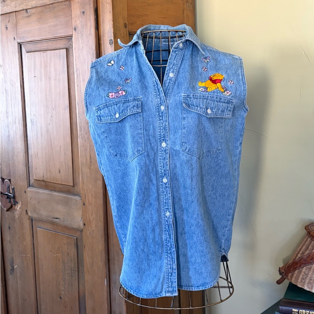 Winnie the Pooh Spring Sleeveless Denim Shirt Embroidered Flowers Butterflies